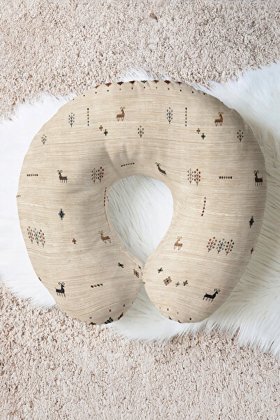 Evimde Bambaşka Ethnic Motif Cotton Neck Pillow - Bohemian Patterned Beige Br...