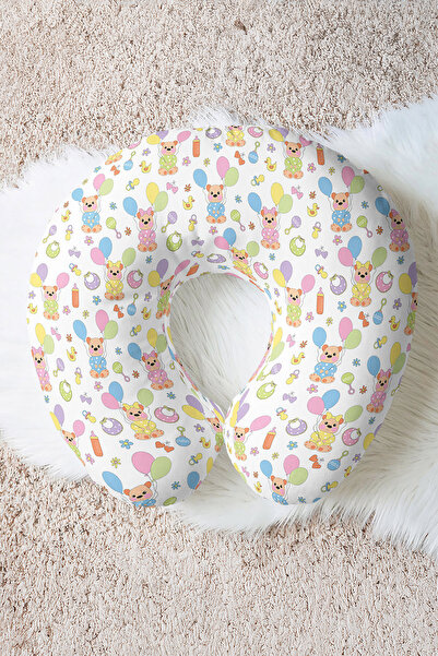 Evimde Bambaşka Pernă de gât din bumbac cu figurine de animale drăguțe - Pernă de călătorie cu model de baloane în culori pastel