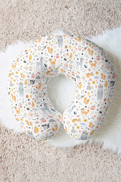 Evimde Bambaşka Cute Forest Animals Cotton Neck Pillow - Pastel Yellow Grey K...