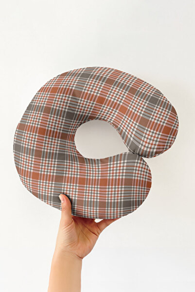Evimde Bambaşka Pernă pentru gât din bumbac în carouri - Pernă de călătorie în stil retro maro gri