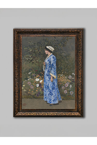 WoodyArts Pictură de femeie între flori în grădină – Cadru antic din bronz