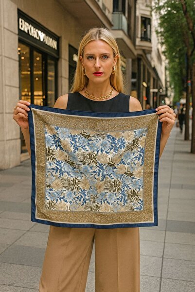 Axesoire 14895 Çiçek Desenli Lacivert Çift Tarafı Baskılı Bandana Fular 70x70 cm