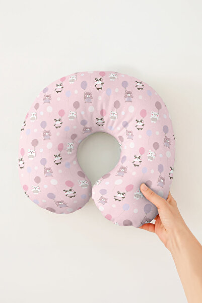 Evimde Bambaşka Pernă de gât din bumbac cu balon cu animale drăguțe - Pernă de călătorie pentru copii și adulți, roz pastel, violet