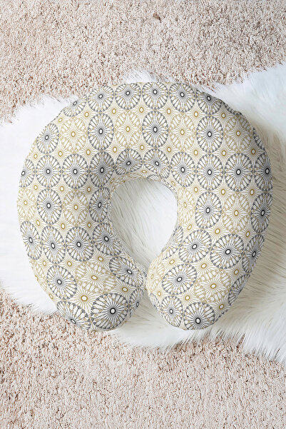 Evimde Bambaşka Geometric Mandala Pattern Neck Pillow - Modern Yellow Gray So...