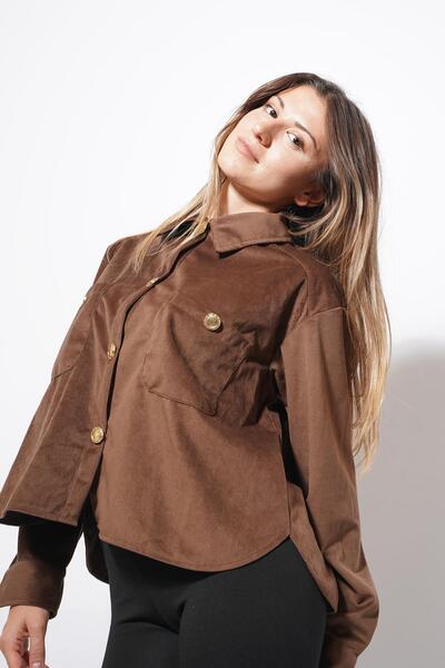 Pafi Moda قميص تري المخملي ذو الأزرار الذهبية باللون البني