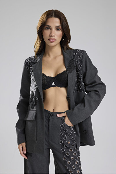 tw3 Women's Lace Applique Detailed Design Blazer Jacket