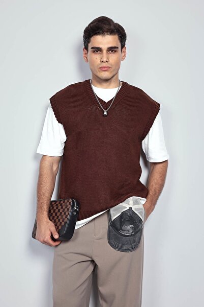 ablukaonline Men's Oversize V-Neck Knitwear Sweater Brown