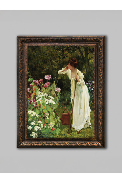 WoodyArts Tablou de femeie în grădină cu flori – Ramă antică din bronz