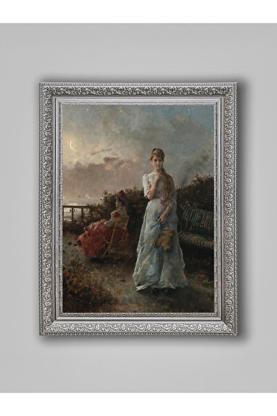 WoodyArts Thoughtful Woman on the Beach in Moonlight Painting – Gray Antique Frame