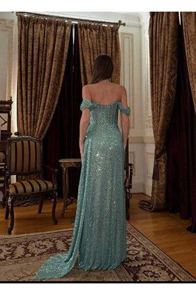 maf collection Kadın Su Yeşili Pul Payet Düşük Kol Yırtmaç Detay Uzun Abiye Mezuniyet Elbisesi