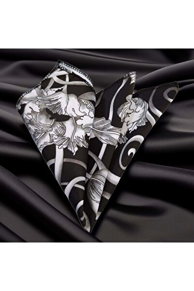 Exve Exclusive Șal gri pe fundal negru, cu model imprimat PES, accesoriu pentru buzunar, batistă pentru guler