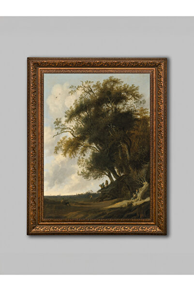 WoodyArts Tablou cu peisaj de copac mare și casă de țară – cadru antic maro