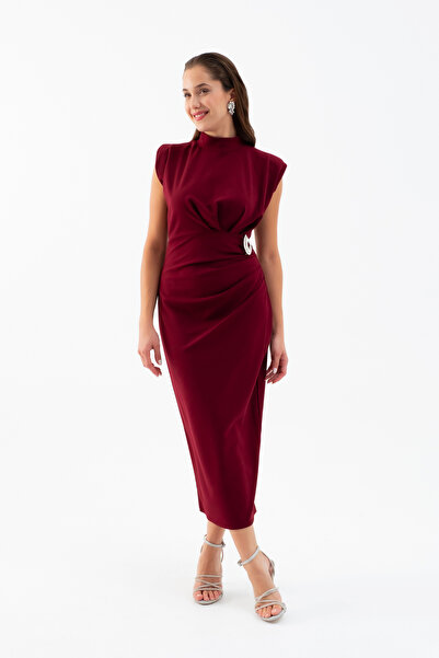 Lafaba Women's Burgundy Accessory Detail Padded Midi Dress