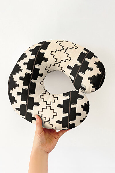 Evimde Bambaşka Ethnic Patterned Cotton Neck Pillow - Geometric Black Cream S...