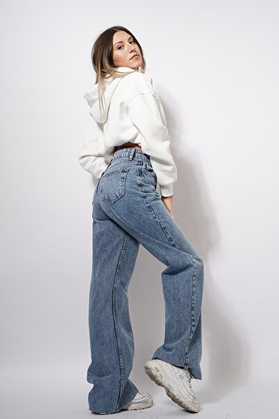 Pafi Moda Blugi cu detaliu de tăiere pe picioare, albastru denim