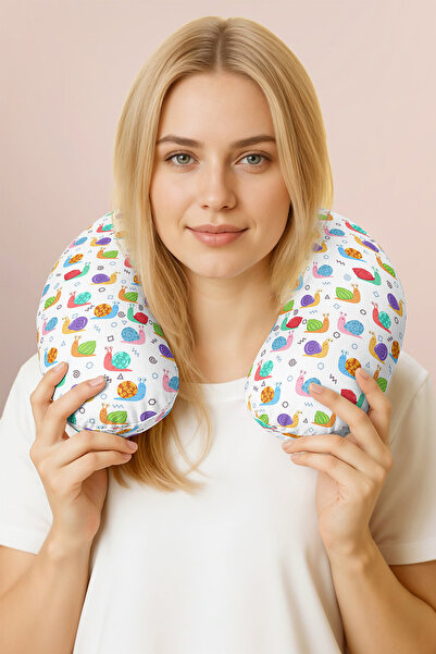Evimde Bambaşka Colorful Cute Snail Pattern Neck Pillow - Fun Themed White Tr...