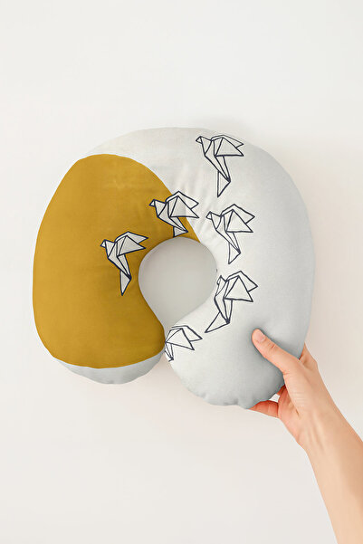 Evimde Bambaşka Origami Bird Pattern Cotton Neck Pillow - Modern Minimalist Y...