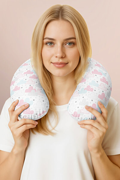 Evimde Bambaşka Cloud Patterned Cotton Neck Pillow - Pastel Pink Gray Soft Tr...