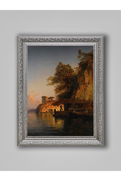 WoodyArts Sunset Painting in Coastal Landscape – Gray Antique Frame