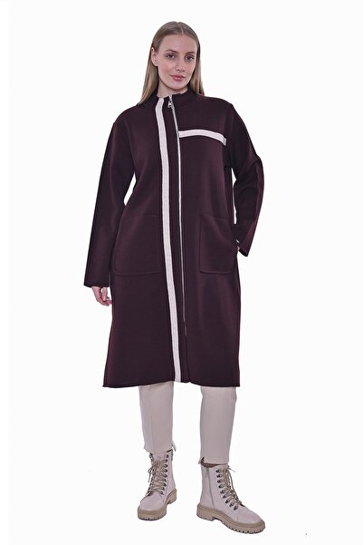 Invee Striped Zippered Knitwear Wool Cardigan Bordo