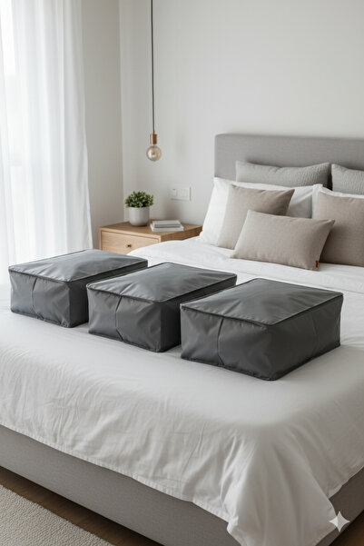 YELLOW STARY HOME DECOR 3'lü Gri Büyük Baza Altı & Çekyat Tipi Tela Hurç 65x4...