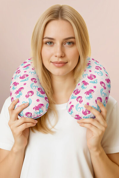 Evimde Bambaşka Mermaid Patterned Cotton Neck Pillow - Cute Pink Turquoise Ki...