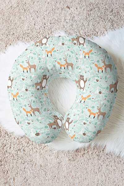 Evimde Bambaşka Cute Forest Animals Cotton Neck Pillow - Pastel Green Yellow ...