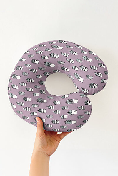 Evimde Bambaşka Cactus Pattern Ergonomic Neck Pillow - Modern Pastel Lilac Gr...