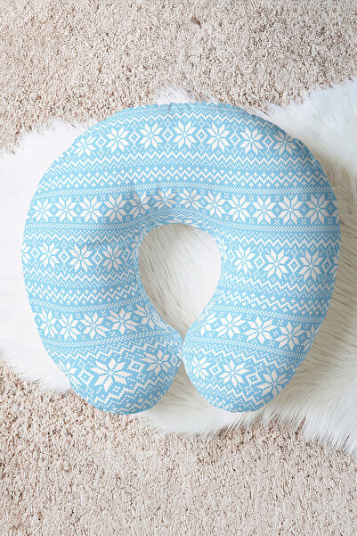 Evimde Bambaşka Winter Themed Snowflake Cotton Neck Pillow - Nordic Blue Whit...