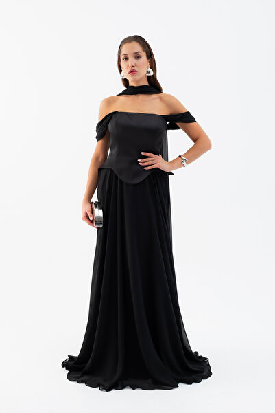 Lafaba Γυναικείο βραδινό φόρεμα αρραβώνων με μαύρο σάλι με στράπλες