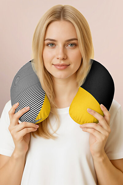 Evimde Bambaşka Black and Yellow Striped Ergonomic Neck Pillow - Soft Black a...