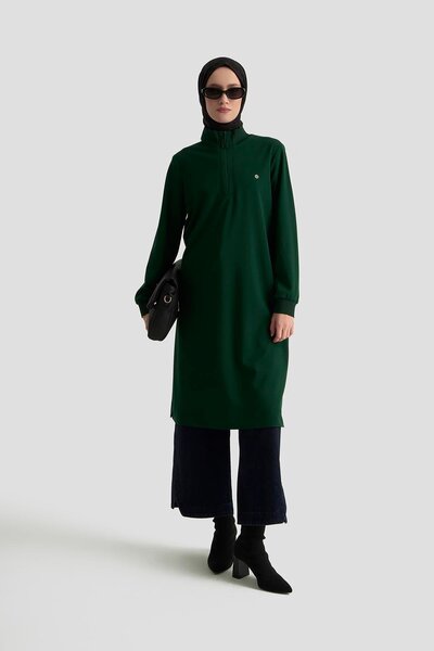 Armine TREND Ribbed Sleeves Half Zipper Tunic Emerald 25Kt456