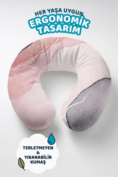 Evimde Bambaşka Modern Abstract Wave Cotton Neck Pillow - Pastel Pink Gray Mi...