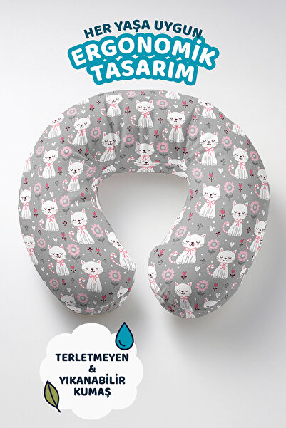 Evimde Bambaşka Kedi Figürlü Pamuklu Boyun Yastığı - Sevimli Çiçek Desenli Gr...