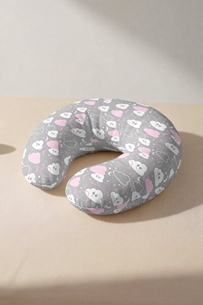 Evimde Bambaşka Cute Clouds Pattern Ergonomic Neck Pillow - Pastel Gray Pink ...