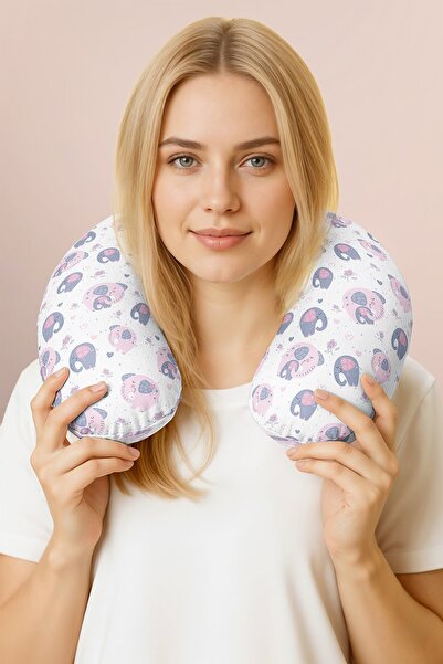 Evimde Bambaşka Pernă pentru gât din bumbac cu model elefant - Pernă de călăt...