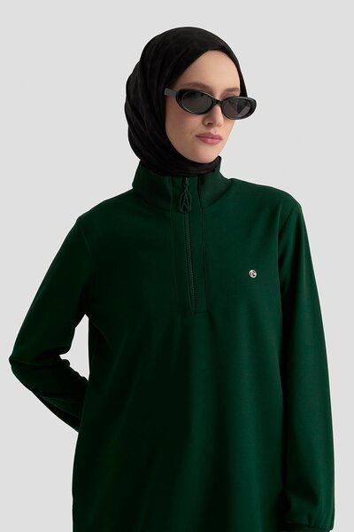 Armine TREND Ribbed Sleeves Half Zipper Tunic Emerald 25Kt456