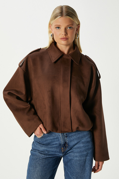 Ritnice Kadın Rodney Süet Etkili Kahverengi Bomber Ceket