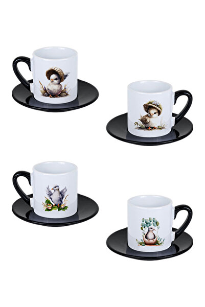 giftkonsept White Bird Printed Black Handle 4-Piece Porcelain Turkish Coffee Cup Set