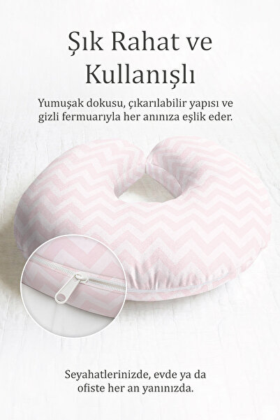 Evimde Bambaşka Zigzag Sa deznom Pamuk lu jastuk za vrat - pastelno roza beli...