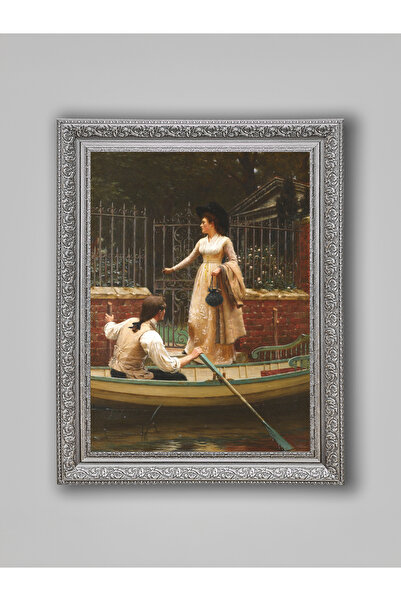 WoodyArts Meeting by the River Romantic Landscape Painting – Gray Antique Frame