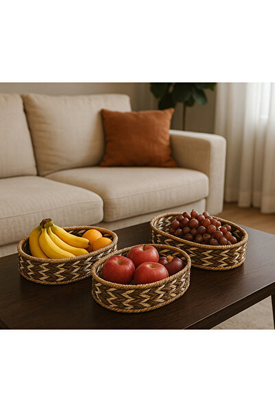 Nevvera Home Yuvarlak Hasır Sunum Sepeti 3’lü Set