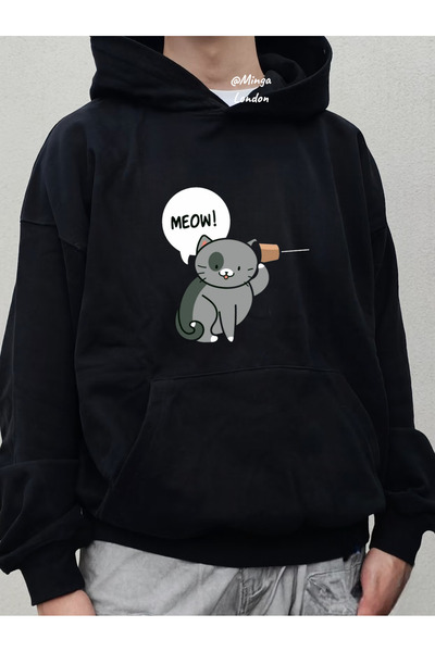 Minga London Hanorac oversize unisex cu imprimeu Meow, negru și gri -Mingalondon