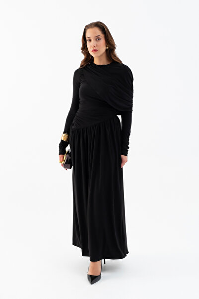 Lafaba Women's Black Shoulder Detail Cross Gathered Long Dress