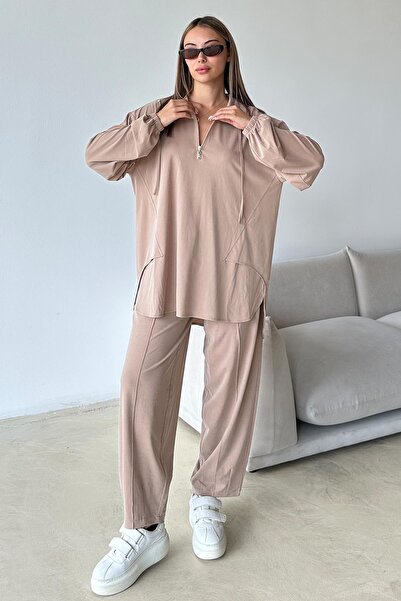 Olcay Premium Knitted Fabric Tunic Pants Set with Zipper Detail on the Collar Kamel 9375-Tk