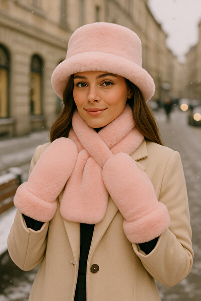 Luminos Butik Women's Winter 3-Piece Fur Set (Hat + Scarf + Gloves) – Powder, Set04