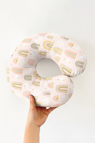 Evimde Bambaşka Pastel Rainbow Daisy Pattern Ergonomic Neck Pillow-Natural Pi...