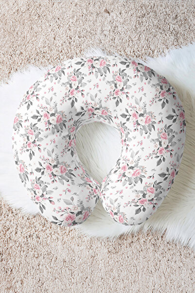 Evimde Bambaşka Pernă pentru gât din bumbac cu model floral - Pernă moale de călătorie, gri roz pastel