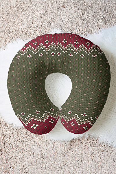 Evimde Bambaşka Nordic Patterned Cotton Neck Pillow - Ethnic Geometric Red Gr...