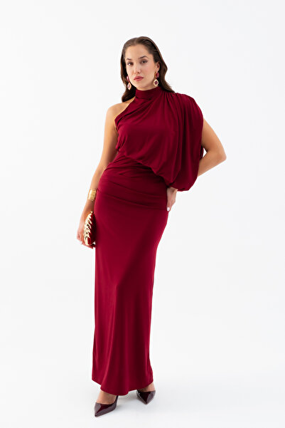 Lafaba Women's Burgundy One Shoulder Drape Detailed Long Dress